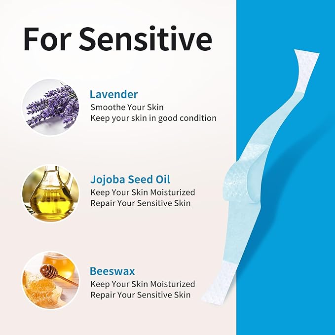 Beauty7 Sensitive Eyebrow Wax Strips, Facial Hair Removal for Men, Eyebrow Waxing Strips, 24 Strip 4 Calming Oil Wipes, Home Waxing for Men