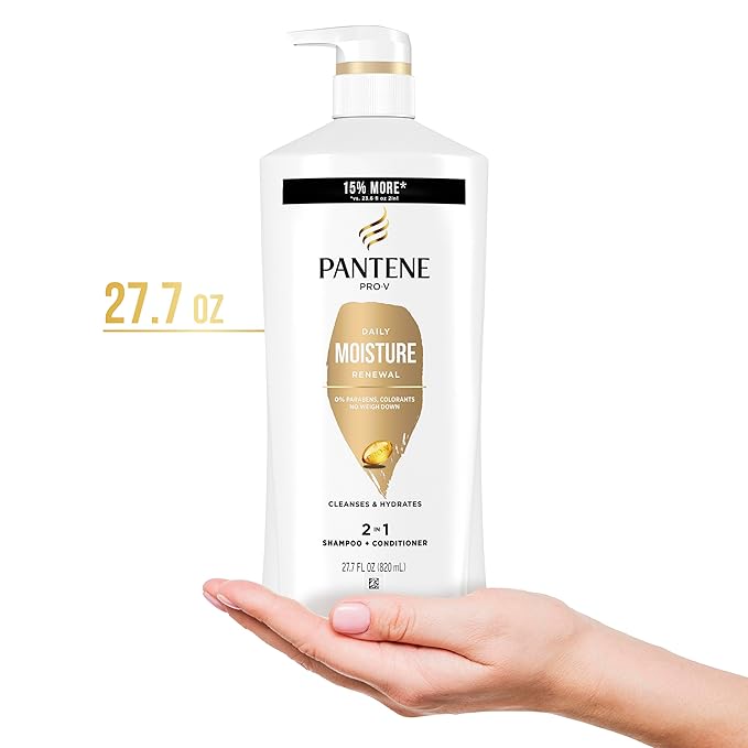 Pantene 2-in-1 Shampoo & Conditioner, Daily Moisture Renewal - Pro-V Nutrients for Dry, Color-Treated, Straight to Curly Hair, 72-Hour Hydration & Softness, 27.7 Oz Each, 2-Pack + Rescue Shot (0.5 Oz)