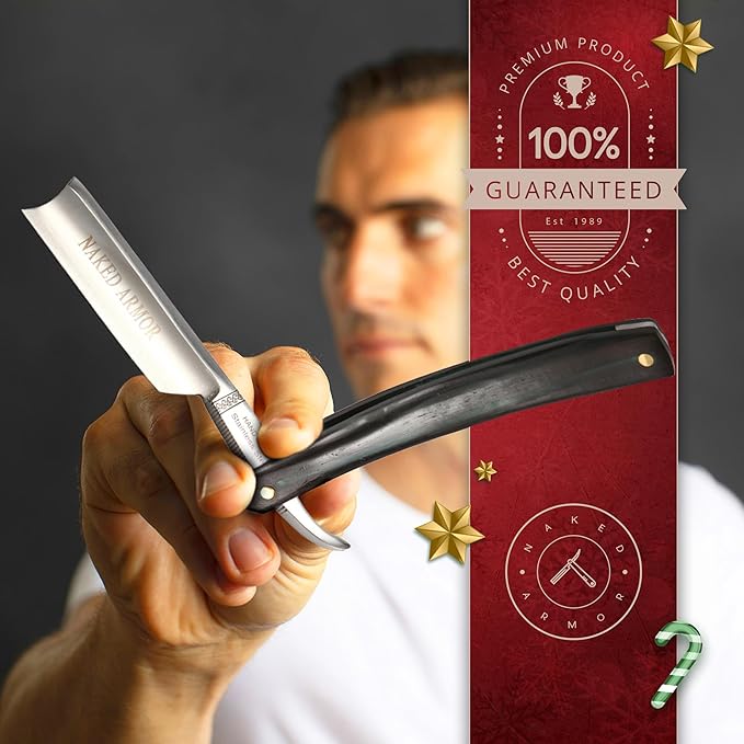 Naked Armor Dodinel Straight Razor - Shave Ready Japanese Stainless Steel Straight Razors for Men with Ebony Wood Scale, Case Included, Close Shave