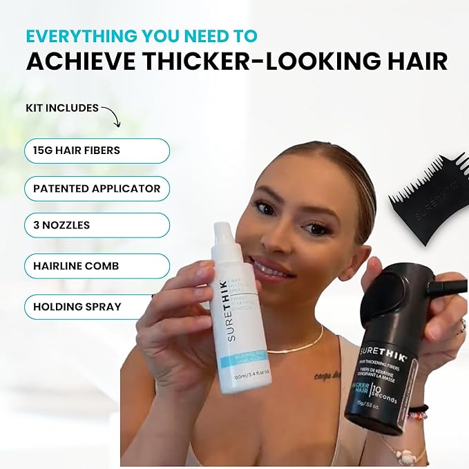 SURETHIK Starter Kit with Application Tools, Comes with 15g Hair Fiber (GREY), Fiber Holding Spray, Pump Applicator and Hairline Tool, 4 Piece Set