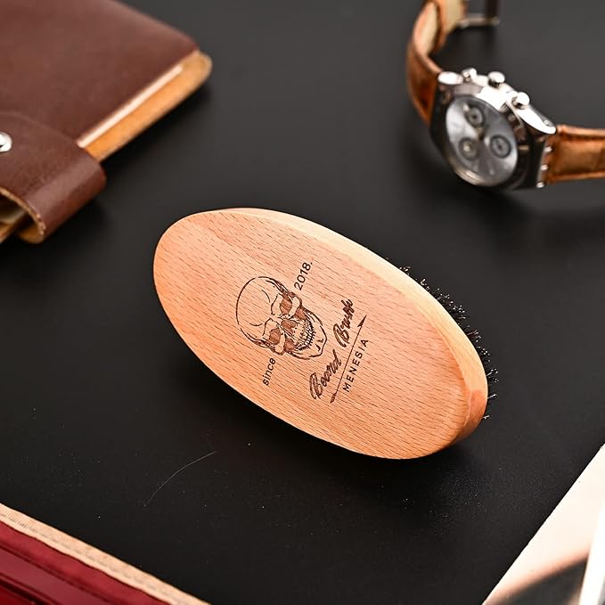 Boar Bristle Hair Beard Brush for Men, Pocket Travel Men's Wooden Small Soft Beard Brush (Skull)