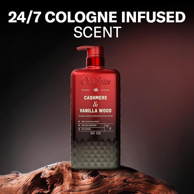 Old Spice Body Wash for Men, The Spice Alchemist Collection, 24/7 Cologne Infused Hydration, No Trade Off Formula, Free of Phthalates Silicones & Dyes, Cashmere + Vanilla Wood Scent, 20 oz