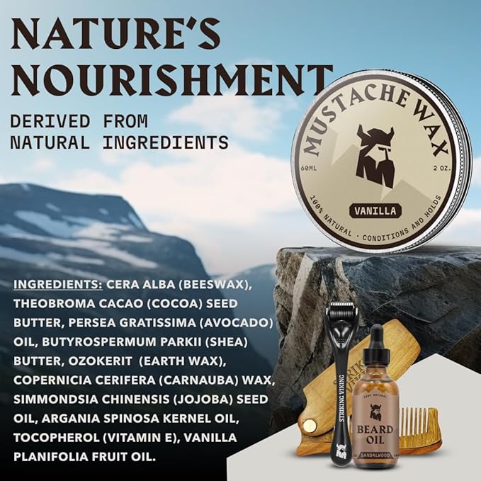 Striking Viking Mustache Wax Kit with Comb - 2 oz, Vanilla - Strong Hold Vanilla Mustache Wax & Anti-Static Comb for Precise Grooming - Non-Greasy Formula for Easy Beard Care