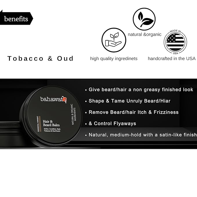 BAHAWAT Beard Balm Tobacco Oud - Styles, Strengthens & Softens Beards - Natural Beard Conditioner- ZERO GRIT Balm - reduces beard itch, 2 ounce