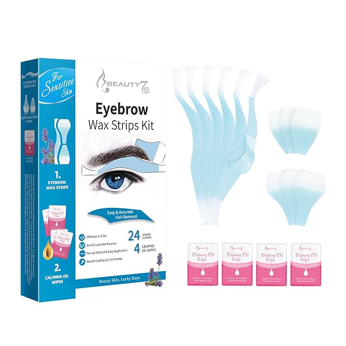 Beauty7 Sensitive Eyebrow Wax Strips, Facial Hair Removal for Men, Eyebrow Waxing Strips, 24 Strip 4 Calming Oil Wipes, Home Waxing for Men