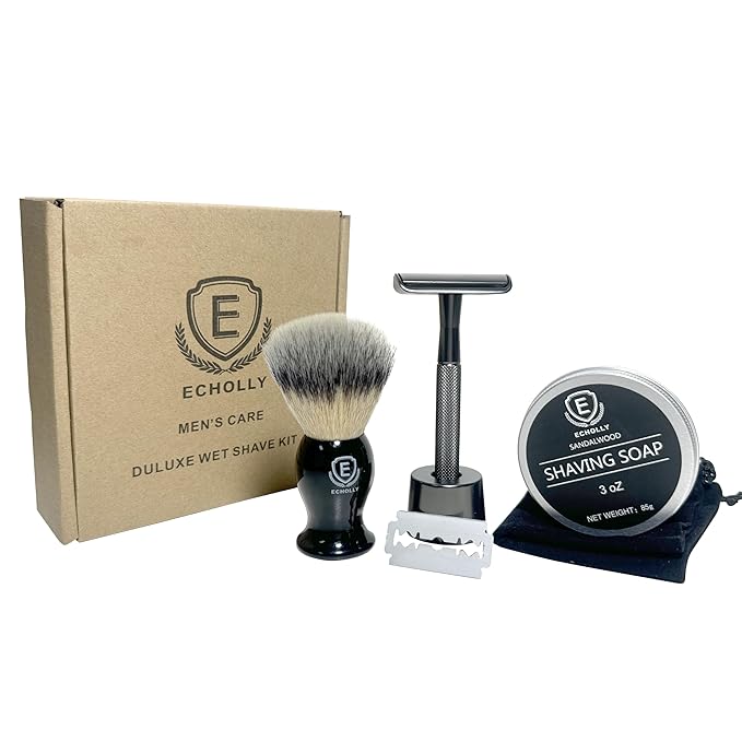 Wet shaving kit Men's Travel - Essential Shaving Brush Set - with Shaving Brush, Sandalwood Scented Shave Soap, High - Quality Zinc-Alloy Razor, Travel Bag & Gift Box
