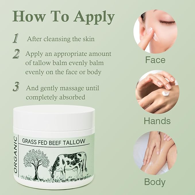 Beef Tallow, Beef Tallow for Skin, Tallow Face Moisturizer, 2 Packs Unscented Beef Tallow Blam Grass Fed Whipped Tallow Face Cream Nourishing Soothing Moisturizer Body Lotion Skin Care