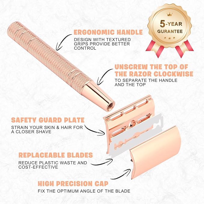 Double Edge Safety Razor with Stand, Reusable Metal Single Blade Razors for Men and Women, with 10 Platinum Coated Double Edge Safety Razor Blades, Women's Safety Shaving Razors, Rose Gold