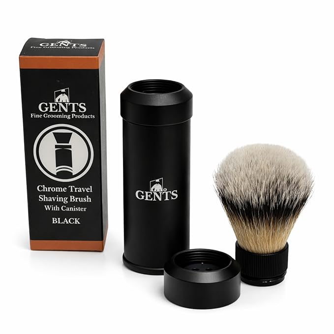 GENTS Travel Shaving Brush with Collapsible Canister – Synthetic Bristles, Compact Portable Wet Shaving Brush for Men, Chrome-Style Travel Grooming Brush for Home, Gym & Hotel Use (Black, 6 Inches)