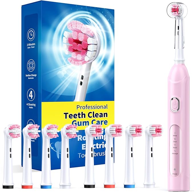 TEETHEORY Rotating Electric Toothbrush for Adults with 8 Brush Heads (2 Types), 4 Modes Deep Clean Electric Toothbrush with Rechargeable Power and 2 Min Smart Timer (2- Cherryblompink, p1)