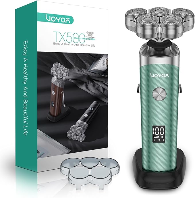 VOYOR Electric Razor for Men - 5D Floating Shavers for Men Magnetic Electric Shaver Rechargeable Face Shaver LED Display Wet Dry Shaving IPX6 Waterproof Mens Rotary Razor TX500 (Green)