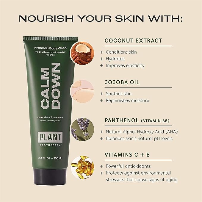 Plant Apothecary Calm Down Natural Aromatherapy Spearmint Body Wash for Women and Men - Shower Gel with Lavender and Chamomile - 8.4 fl oz