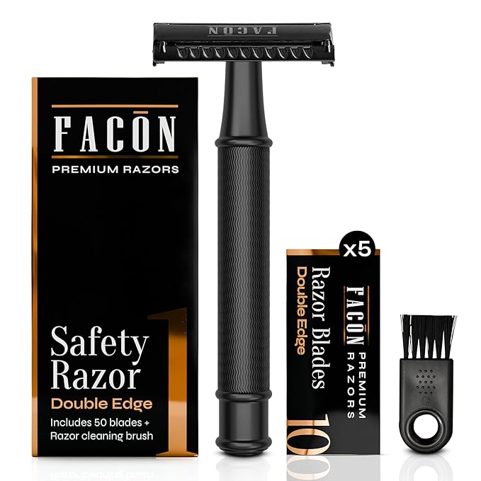 Facón Double Edge Safety Razor for Men & Women - Butterfly Open Stainless Steel Razor w/ 50 Platinum Double Edge Safety Razor Blades, Single Blade Razor for Smooth Close Shave, Reusable & Eco-Friendly