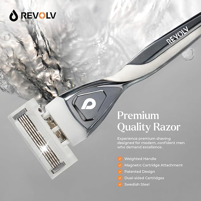 REVOLV - Men’s Razor - 1 Premium Weighted Handle + 1 Dual-Sided Cartridge - For a Closer, Smoother Shave - Safe on Sensitive Skin - Grey