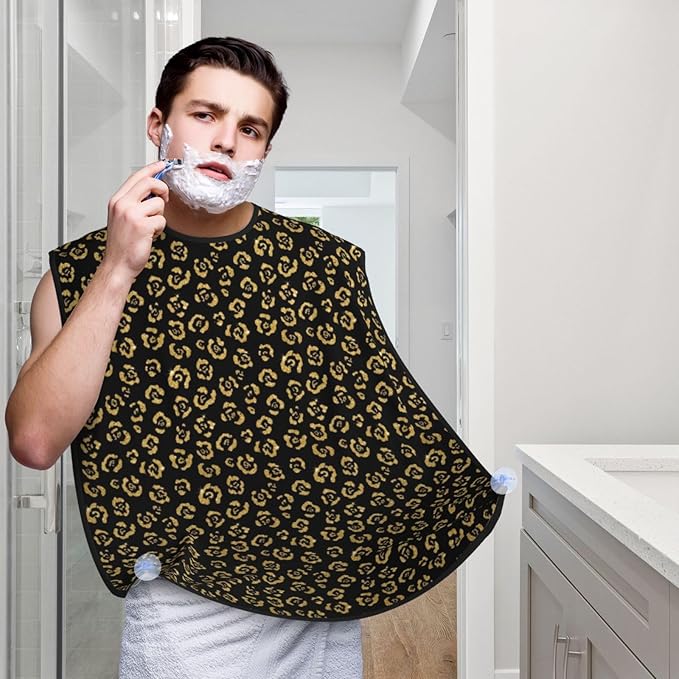 Non-Stick Beard Shaving Bib, Hair Catcher Apron with Suction Cups, Waterproof Grooming Tool for Men Husband, Gold Glitter Wild Animal Black Cheetah Leopard Ptint Shave Bib