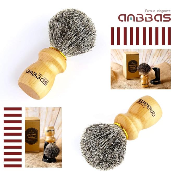 Anbbas Shaving Brush and Holder,Pure Badger Hair with Wood Handle,Black Resin Stand Holder,Contracted Design 2in1 Set for Men Wet Shave