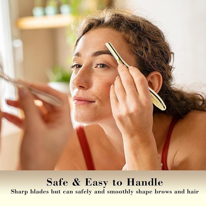 Eyebrow Razor for Women and Men, Face Razors for Women, Dermaplane Razor with Protective Silicone Cover, Reusable Metal Handle with 6 Refill Blades, Skin Care Tool, Gold