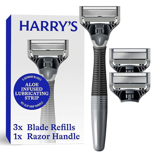 Harry's Original Shaving Kit for Men - Razor Handle and 3 Razor Blade Refill Cartridges - German Engineered - Charcoal