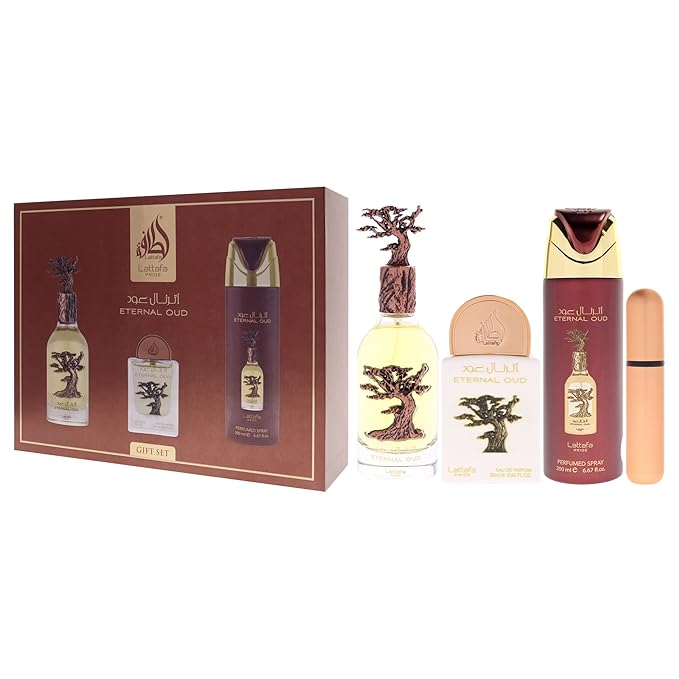 Lattafa Pride - Eternal Oud for Men - 3 Pc Gift Set 3.4oz EDP Spray, 6.67oz Perfumed Body Spray, 0.67oz EDP Spray