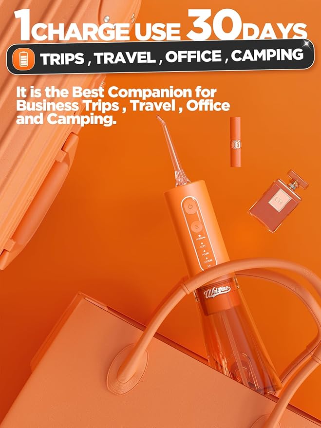 WELLFINE Water Dental Flosser Teeth Pick: Portable Cordless 4 Modes Flossers Pic 300ML Rechargeable Floss Pik Powerful IPX7 Waterproof Oral Irrigator for Cleaning Gum Care Braces for Home Travel