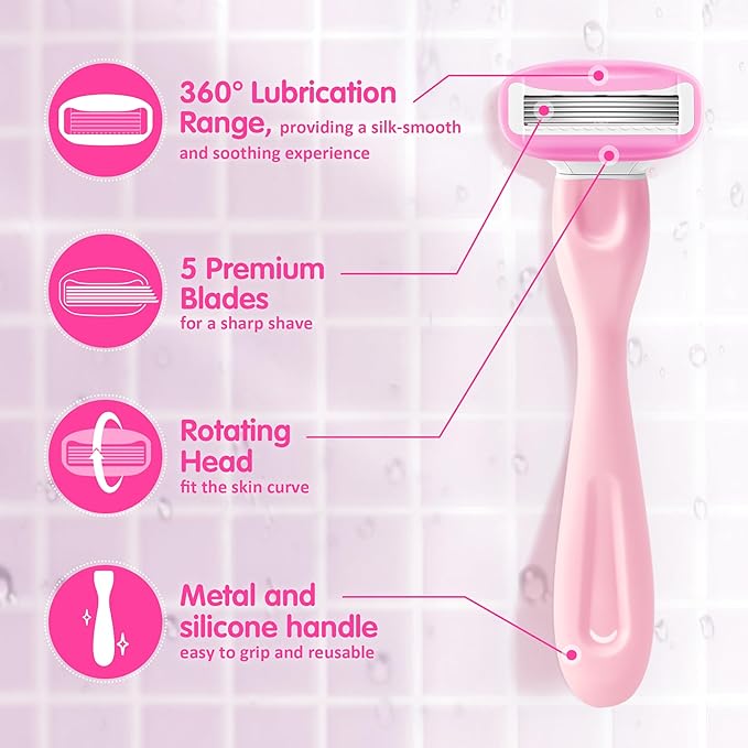 Razors for Women Include 1 Non-Slip Metal Handle and 7 Blade Refills, 5 Premium Blades Women's Razors for Shaving with 360° Lubrication Reduces Irritation, Pink