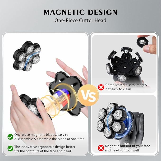 Head Shaver Replacement Heads Magnetic 7 Blades Razor Replacement Blades Compatible with Freebird Shaver & Other Brands (hmblack7)
