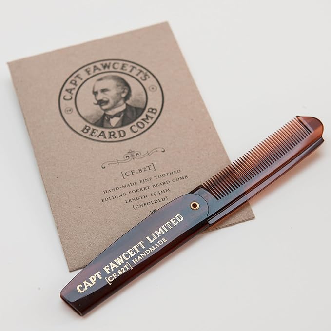 Captain Fawcett Folding Pocket Beard Comb | Hand Crafted | Fine Toothed Hair Comb | 82T | 193mm |