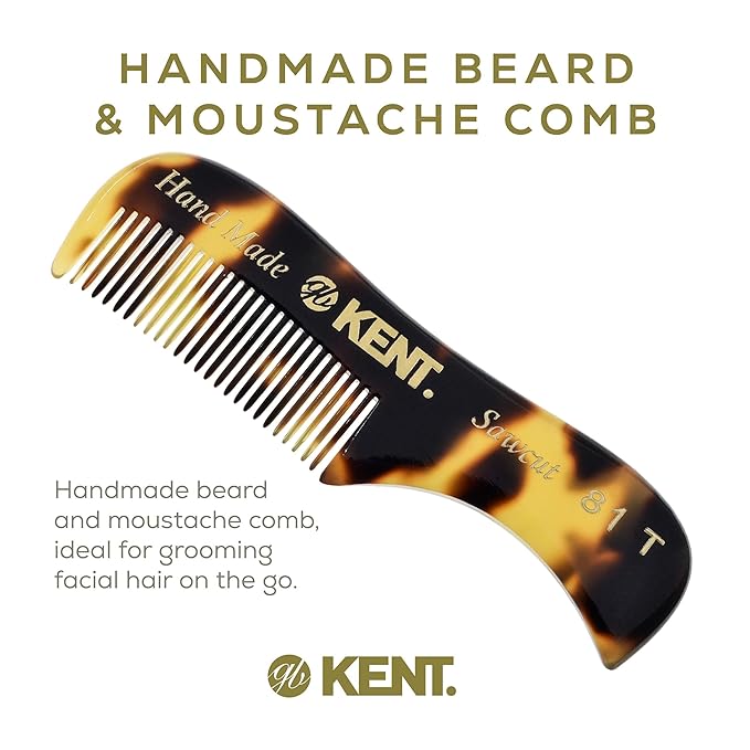 Kent A 81T TY X-Small Men's Beard and Mustache Comb, Fine-Toothed for Facial Hair Grooming and Styling. Quality Cellulose Acetate, Saw-cut Polished. Made in England