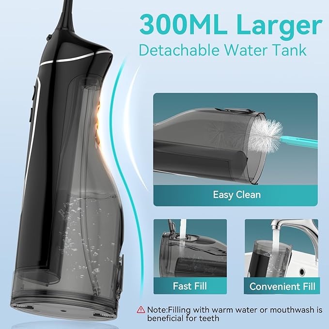 Water Flosser Cordless Oral Irrigator with 4 Modes and 4 Jet Tips, IPX7 Waterproof, 300ml/10oz for Adults, Home and Travel Use in Black