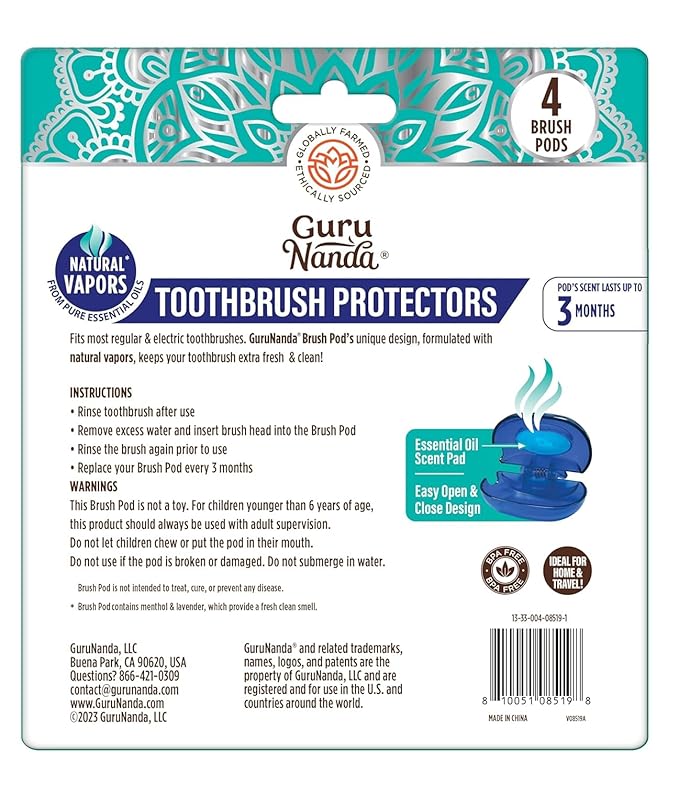 GuruNanda Brush Pods - Toothbrush Cover for Manual & Electric Toothbrush, Keeps Toothbrush Fresh & Clean, Travel Accessories with Natural Essential Oil Vapors, 4 Pack