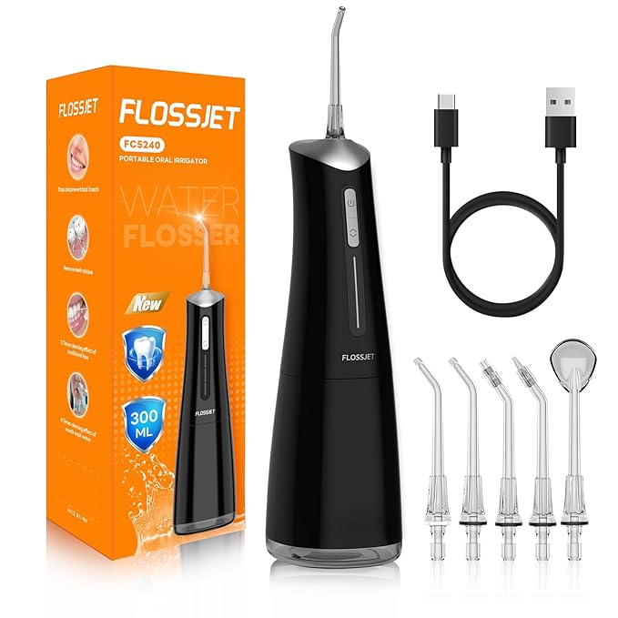 Water Dental Flosser Cordless Oral Irrigator with 300ml 5 Tips 4 Modes USBCharger Portable Travle Irrigation Cleaner IPX7 Electric Irrigador Dental for Teeth Cleaning (Black)