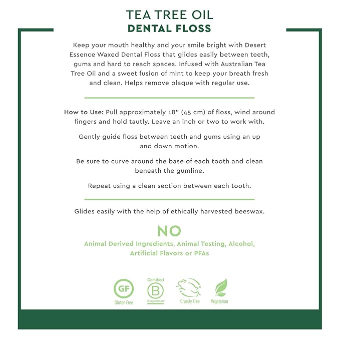 Desert Essence, Tea Tree Dental Floss 50 yd - Gluten Free - Cruelty Free - Naturally Waxed with Bees Wax - No Shred Floss - Tea Tree Oil - Removes Plaque and Build Up, pack of 6