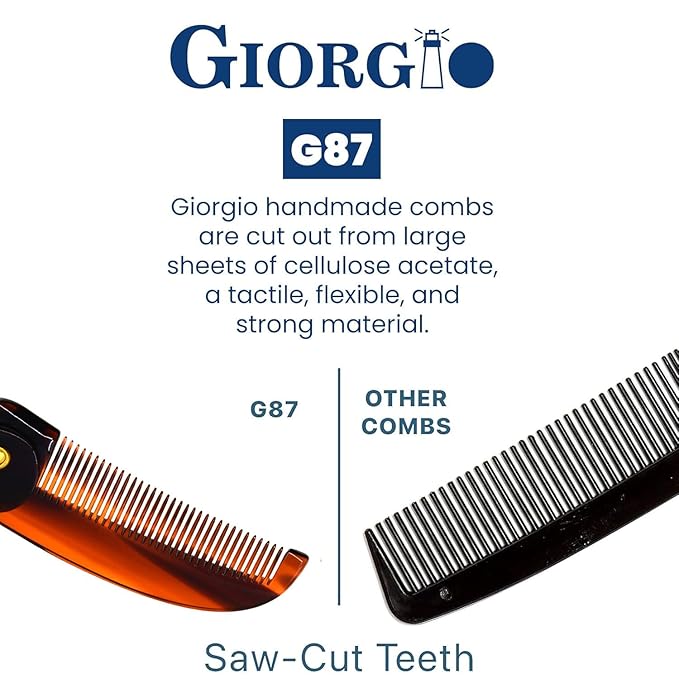 Giorgio G87 Folding Mustache and Beard Comb for Men - Handmade, Saw-cut, Hand Polished Pocket Styling Comb for Everyday Grooming and All Type of Hair Care (Tortoiseshell)