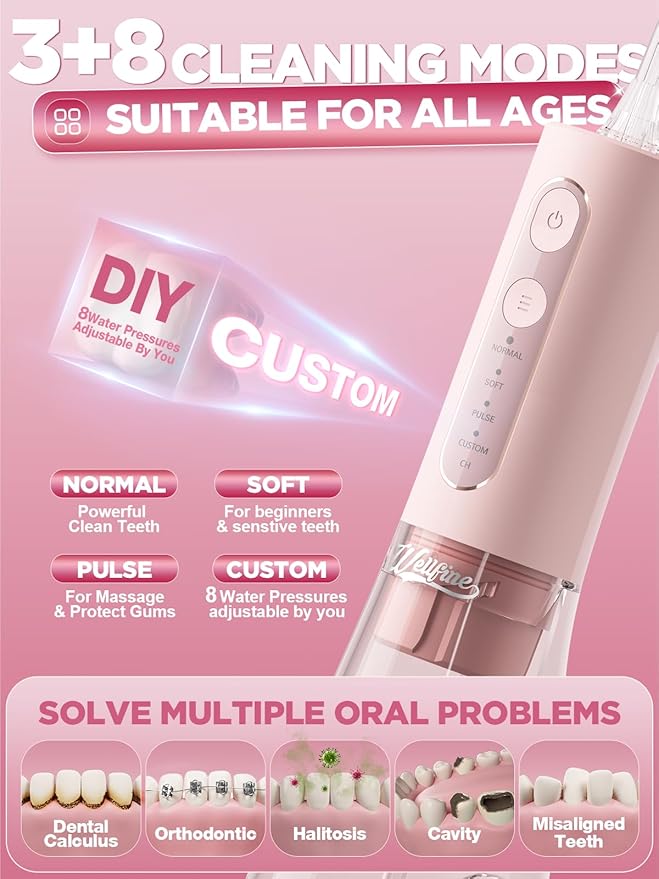 WELLFINE Water Dental Flosser Teeth Pick: Portable Cordless 4 Modes Flossers Pic 300ML Rechargeable Floss Pik Powerful IPX7 Waterproof Oral Irrigator for Cleaning Gum Care Braces for Home Travel