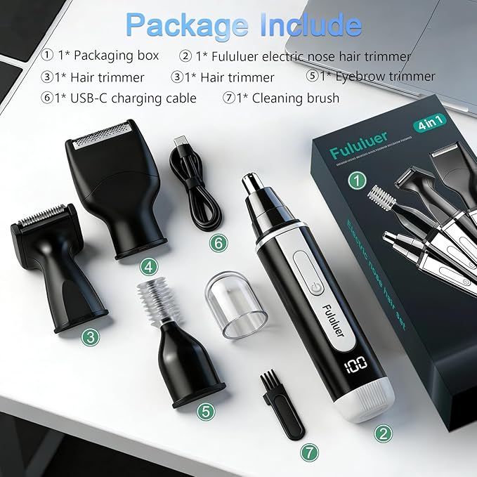 Fululuer Nose Hair Trimmer for Men and Women: 2026 Upgraded Rechargeable 4-in-1 Ear, Nose, Eyebrow & Beard Trimmers 8500 RPM, LED Indicator & Waterproof Dual Edge Blades (Black)
