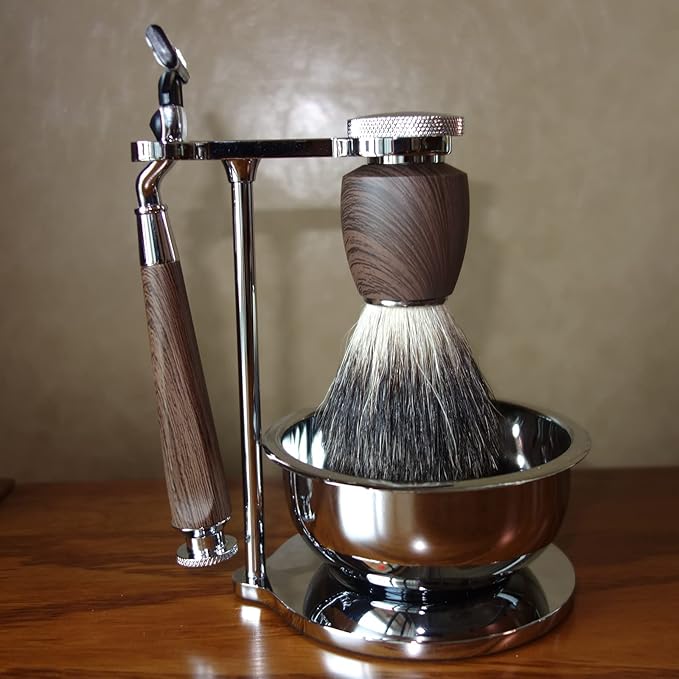 Luxury Safety Razor Shaving Kit for Men,with Shaving Bowl,Badger Hair Brush,Shaving Stand and Manual Razor Compatible with 3-Layer Razor Cartridge,Unique Wet Shave Set Gift for Men