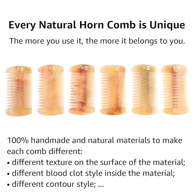 Untreated 4.3 inch Real Ox Horn Curly Hair Picks Beard Mustache Comb, Handmade Fine Wide Tooth Double Sided Small Pocket Travel, Anti-static Detangling Massage Scalp Gua sha for Women Men