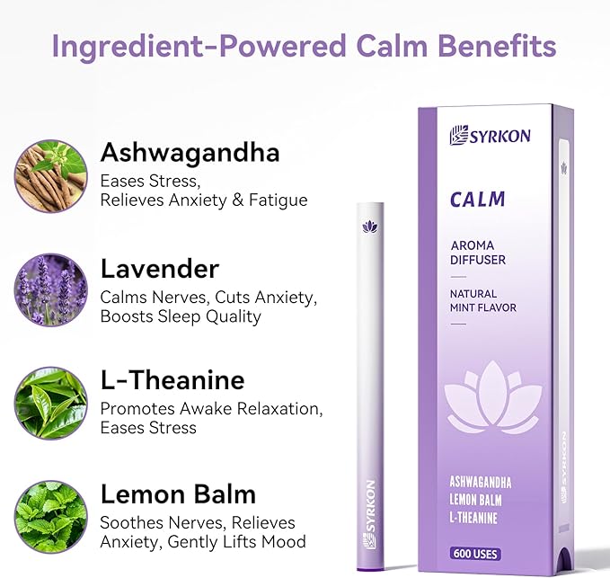 Herbal Diffuser Pen, Supports a Calm Mood | Relaxed Feelings, Mint Flavor, Ashwagandha, Lavender, L-Theanine, Lemon Balm, Vitamin B1 & B6, 600 Uses