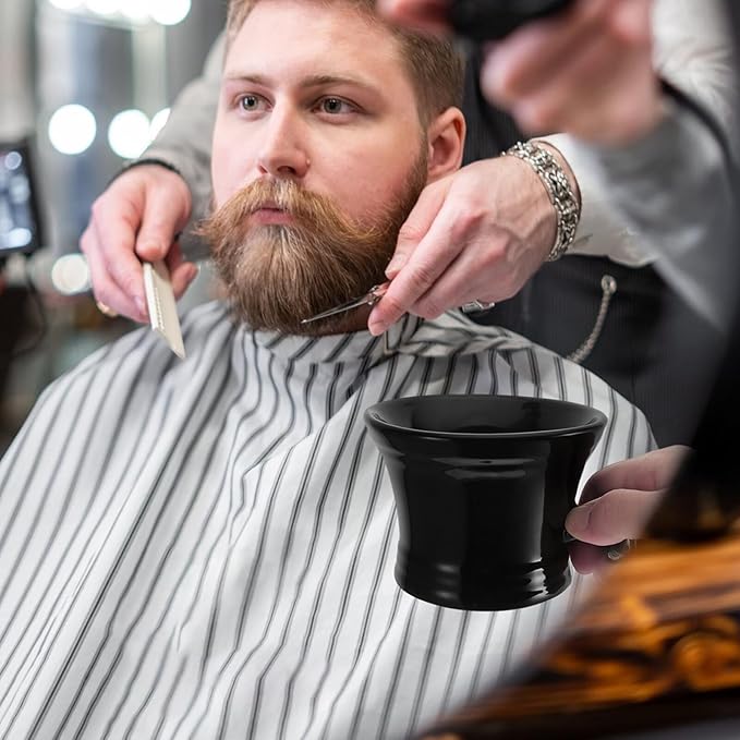 DOITOOL Ceramic Shaving Soap Bowl with Handle Black, Men’s Shaving Foam Container for Wet Shave, Practical Lathering Bowl for Barber Shop and Home Use