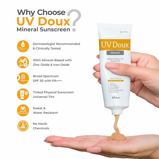 UV Doux Mineral Sunscreen SPF 50 PA+++ | Tinted, Oil-Free, Water Resistant | No White Cast | Zinc & Iron Oxide | For Sensitive & Acne-Prone Skin | Broad Spectrum, 100% Mineral | Men, Women 50g/1.7oz
