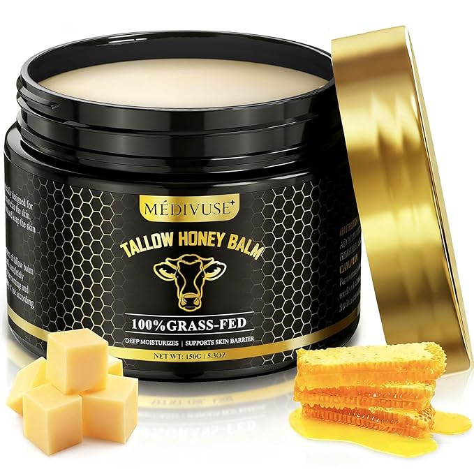 Tallow and Honey Balm - 100% Grass-Fed Beef Tallow for Skin with Organic Raw Honey - Deeply Moisturizing Beef Tallow for Face Body - Natural Formula Care for Dry & Sensitive Skin (5.3 OZ), Tallow Balm