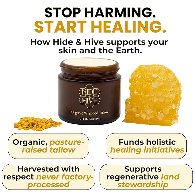 HIDE & HIVE Whipped Tallow Balm – Grass-Fed Moisture for Face, Body & Hands – Organic Beef Tallow for Skin with Royal Jelly & Propolis – Clean, Non-Greasy Balm for Dry, Sensitive Skin