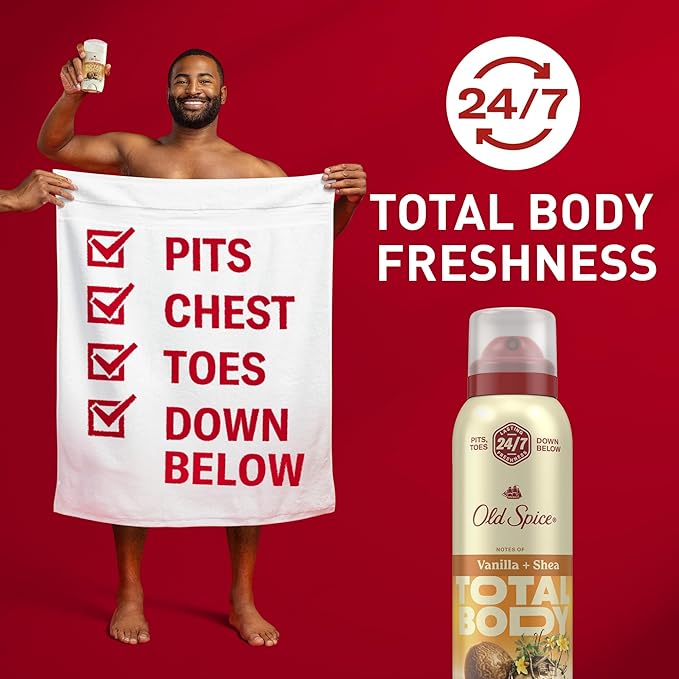 Old Spice Whole Body Deodorant Spray for Men, Aluminum Free, Vanilla + Shea Scent, 24/7 Odor Protection, 24/7 Lasting Freshness, Dermatologist Tested, Gentle on Skin, Safe to Use All Over, 3.5 oz