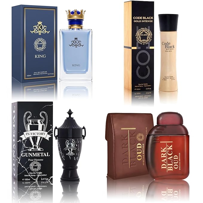 Cologne for Men Set (100ml x 4PCS Variety Pack Black Code Intense Gold,Dark Black OUD,King,Victory Gunmetal) Eau De Perfume Notes of Woody, Spicy, Citrus & Aromatic Long Lasting Perfume for Men
