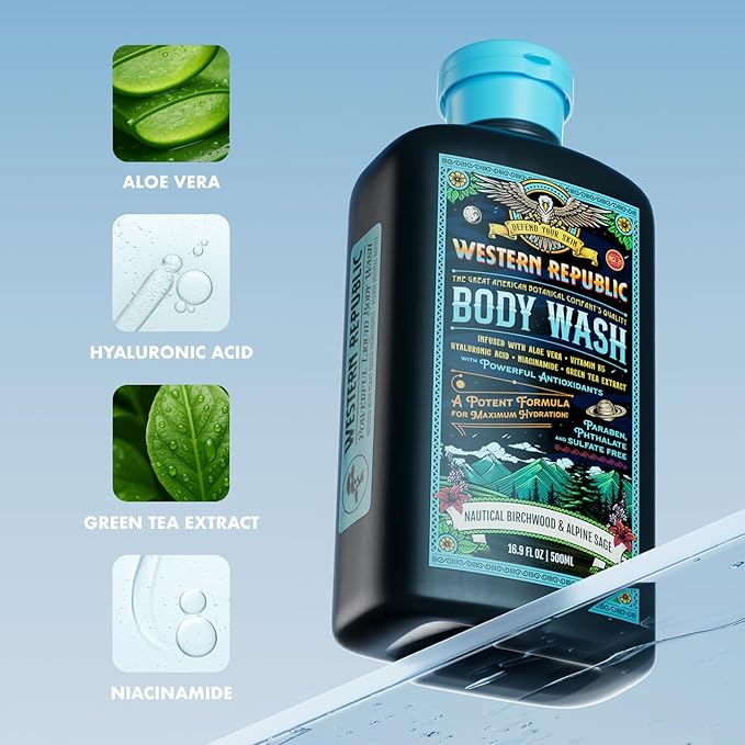 Men's Body Wash | Nautical Birchwood & Alpine Sage Scent and | Hydrating & Anti-Aging Formula with Aloe, Niacinamide & Hyaluronic Acid (2 Pack) | Made in USA