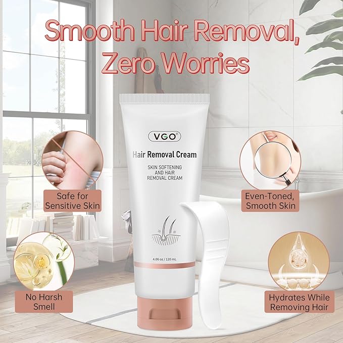 VGO Painless Hair Removal Cream for Women & Men, Hair removal cream for body, back & legs, All Skin Types, 4.06oz w/Spatula