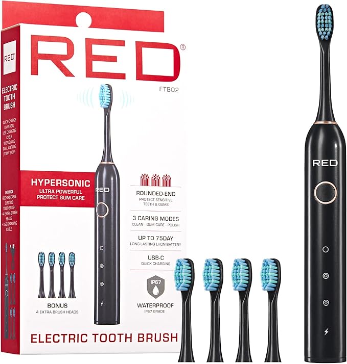 Red by Kiss Hypersonic Ultra Powerful Electric Toothbrush – 3 Cleaning Modes, Gum Care Protection, 75-Day Battery, USB-C Fast Charging, Waterproof IP67, with Extra Brush Head Set (Black)
