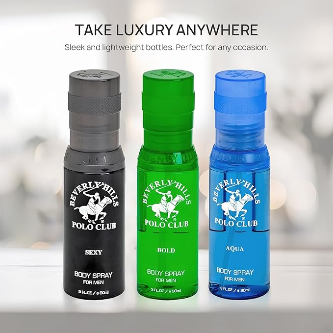 Beverly Hills Polo Club Men's Body Spray Collection Gift Set - 3 Distinct Luxury Designer Scents for Elevated Daily Confidence & All-Day Freshness, 3 x 3 oz