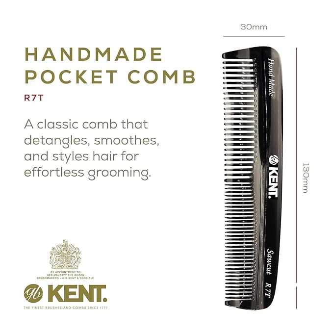 Kent R7T Black Graphite Fine and Wide Tooth Hair Comb, Handmade Pocket Comb for Men, Best Beard and Mustache Comb for Everyday Grooming and Styling, Sawcut, Made in England