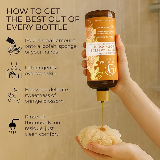 Dr. Jacobs Naturals Pure Castile Soap Liquid Body Wash, Orange & Ginger - Plant Based Soap Infused with Vitamin E & Aloe Vera to Moisturize Dry and Sensitive Skin - Made in The USA - 32 oz, Pack of 1